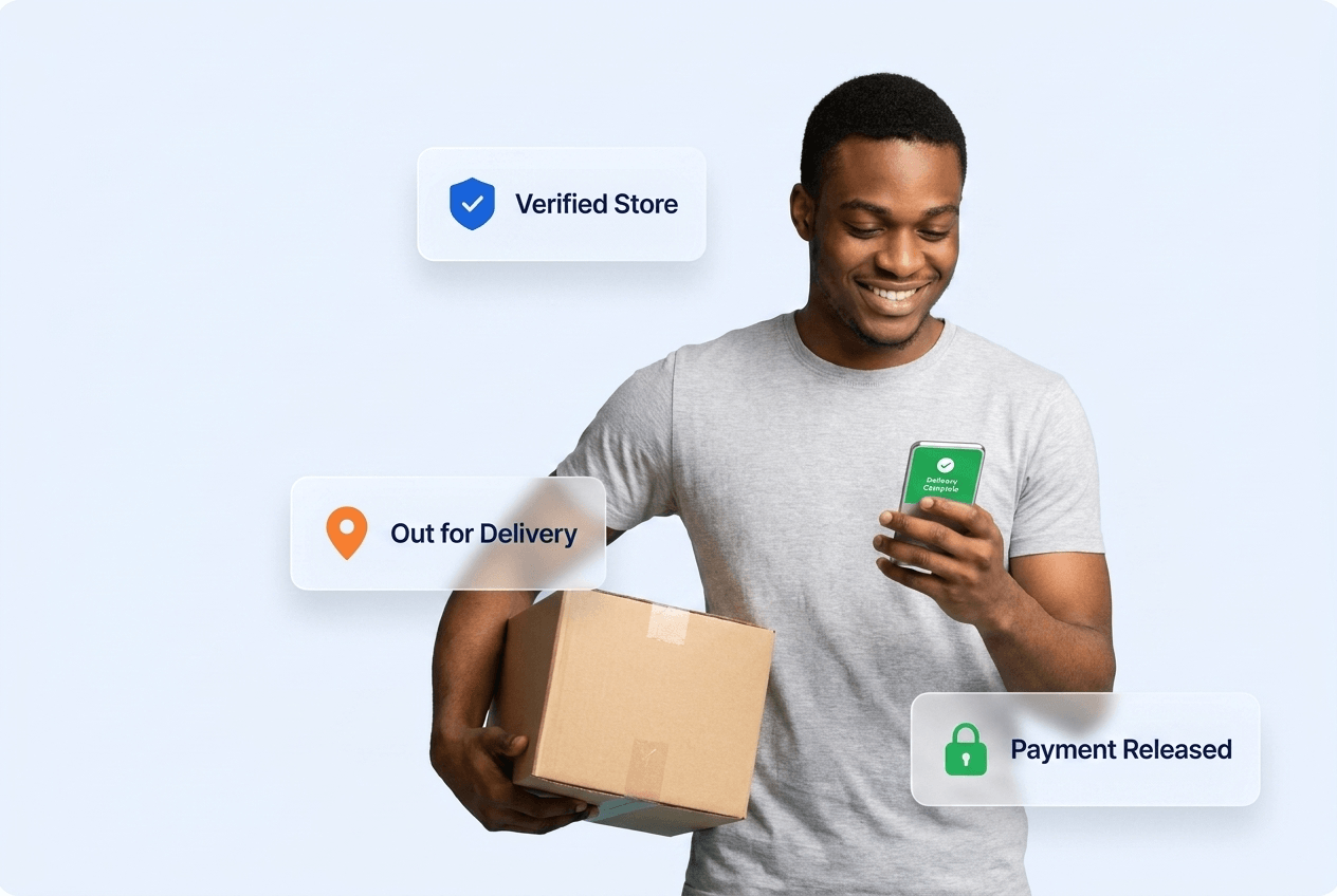 Nigerian buyer receiving a verified, tracked package with payment protection on Tradefaire