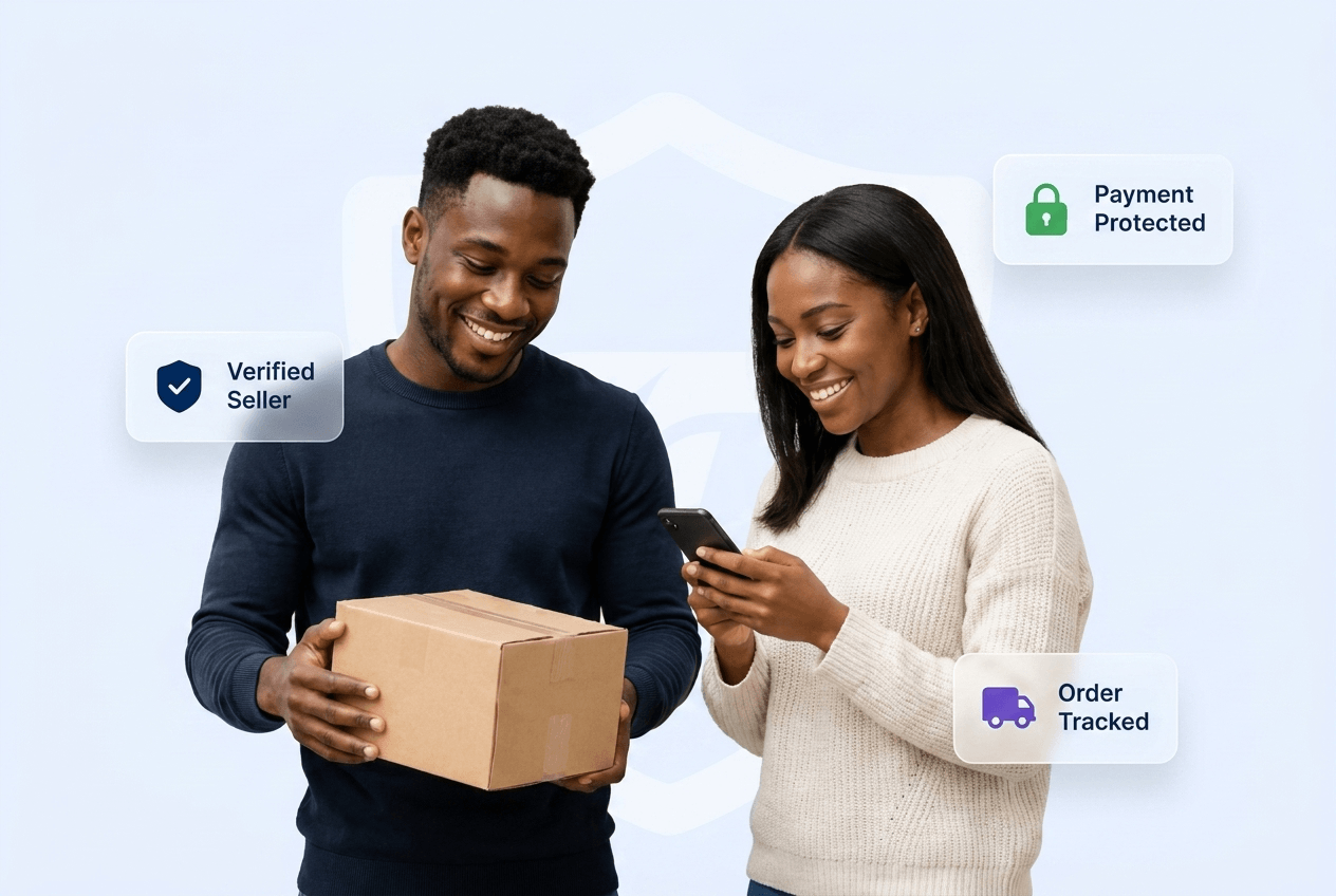 Nigerian buyer and seller reviewing a verified, protected order together on Tradefaire