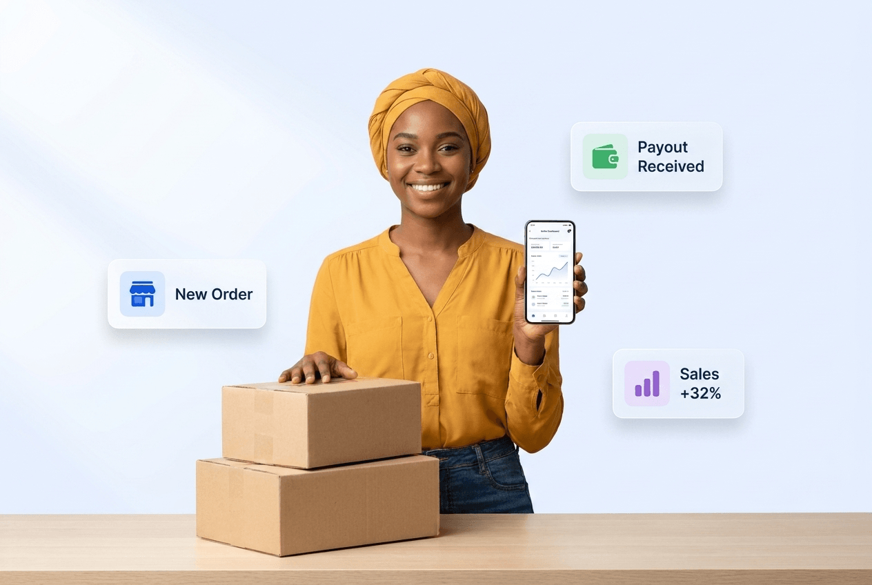 Nigerian seller managing orders, payouts, and sales analytics on Tradefaire