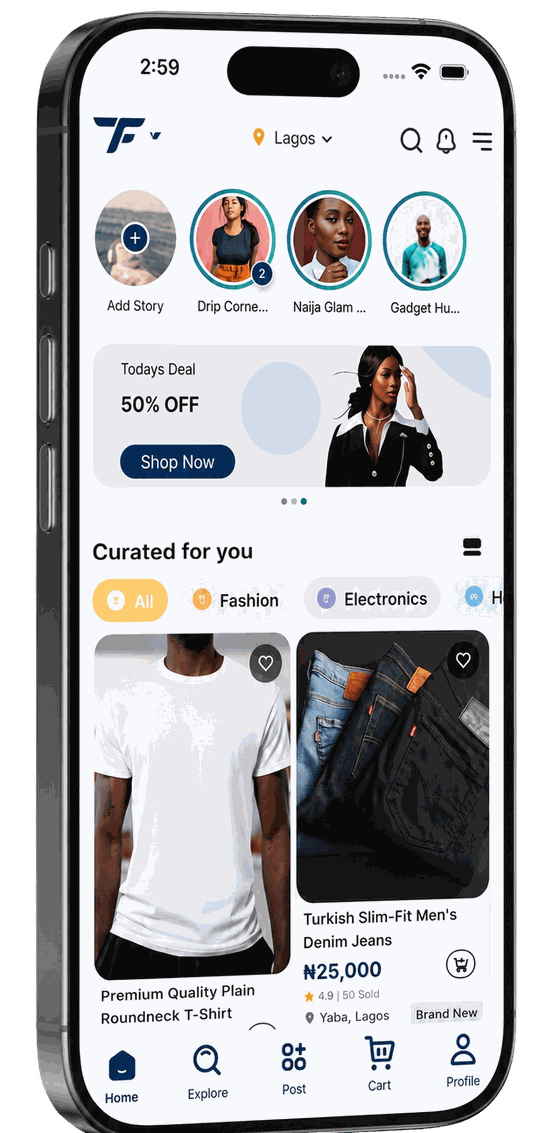 Tradefaire home feed with curated products and verified Lagos stores